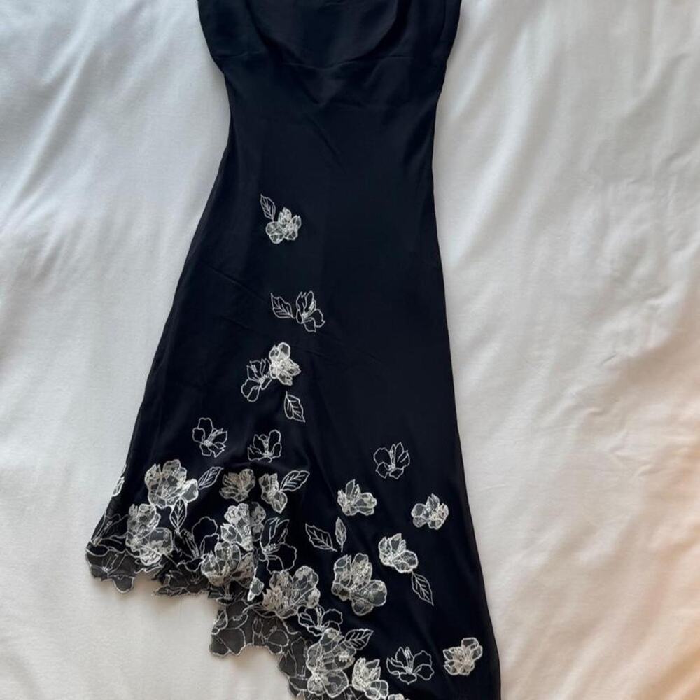 Bcbgmaxazria black midi dress with white floral embroidery